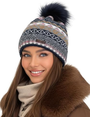 Baesics Bommelmütze Damen Herren - Wintermütze Kunstfell Bommel warm | Mit flauschigem Pompon und weichem Fleecefutter, Größe ca. 54-58 cm, Strick aus der EU. Warm für Herbst, Winter und als