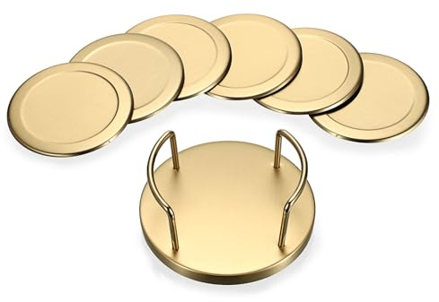 BTSKY 6 runde Getränkeuntersetzer aus Edelstahl mit Ständer, goldfarben | 10 x 10 cm, gebürstete Oberfläche, verdickt, Schwammboden, Getränkeuntersetzer, Tassen, Glasmatte, für Zuhause, Büro, Café