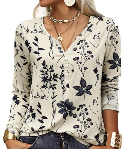GRMLRPT T-Shirt col V Blouses à Manches Longues pour Femmes Imprimé Tunique Tops Lâche Chemisier T-Shirts pour Femmes Sweat-Shirt Tuniques Basiques Haut Automne(Style-D,XXL)