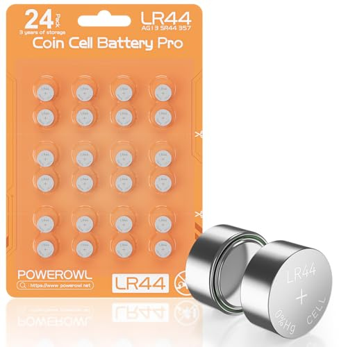 POWEROWL Lot de 24 Piles Bouton LR44 1,5V Alcalines, Piles AG13 A76 357 303 Haute Performance pour Jouets, Petites Lampes LED, Montres et Calculatrices Jaune