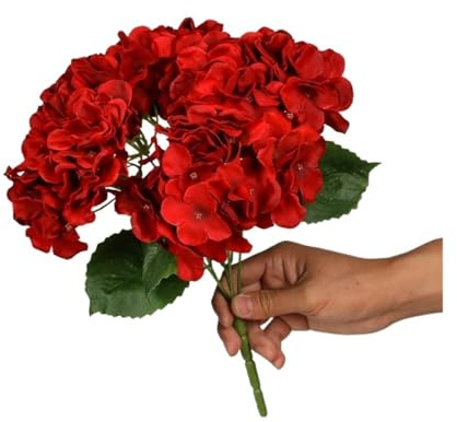 AEJHSIN Ortensie Artificiali 5 teste di fiori seta ortensia, artificiali rosa e rossa, bouquet finto, composizioni floreali for la casa, decorazioni for matrimoni(Red)