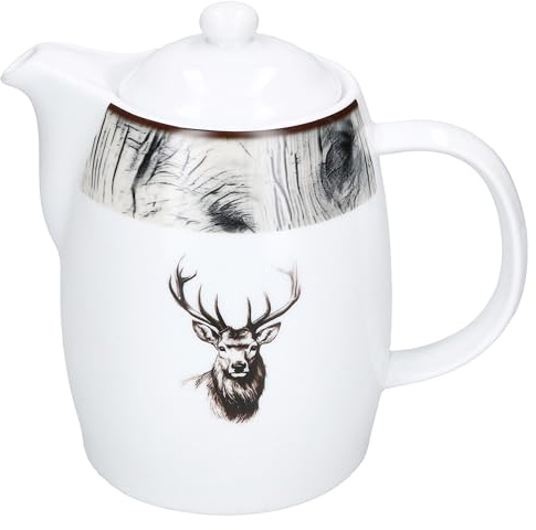 MamboCat Kanne Alois aus Porzellan 850ml I weiße Kanne mit Henkel & Deckel für Tee & Kaffee I edles Hirsch-Dekor im Landhaus-Stil für Frühstück & Kaffee-Runde