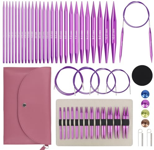 Reessy Interchangeable Circular Knitting Needles Set 3mm-10mm | 13 Pair Aluminum Circular Knitting Needles Set with Case & Accessories, Round Knitting Needles UK for Smooth Kniting, Purple