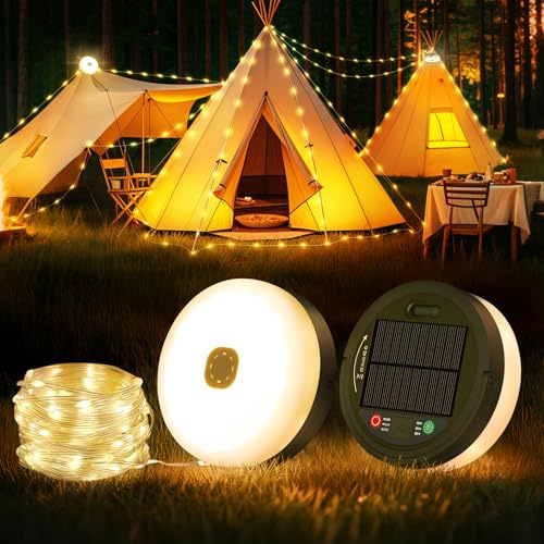 Famgoods Solar Camping Lights,10m Solar &USB Rechargeable | 8 Lighting Modes, IP65 Waterproof, 30s Roll up, Portable,Retractable, 3000mAh, Timer, Camping Lights for Tent,Yard, RV