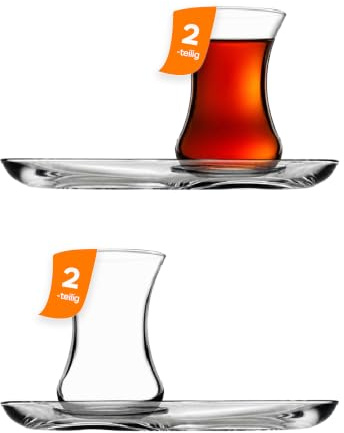 NORDIC SCHILLER Teeset 4-teilig – 2 Teegläser mit 2 Untertassen, 125 ml – Türkische Teegläser aus Glas, klassisches Ince Belli Design, spülmaschinengeeignet