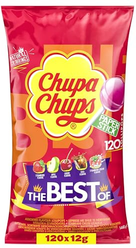 Chupa Chups The Best of Lollipop, Beutel enthält 120 Lollis in 5 Geschmacksrichtungen Cola, Erdbeere, Kirsch, Apfel, geeignet für Geburtstag