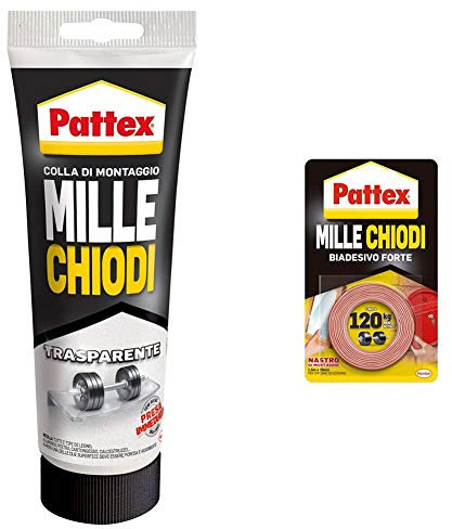 Pattex Millechiodi Trasparente, Adesivo Di Montaggio A Base Acqua Con Presa Immediata, Adesivo Trasparente & Millechiodi Tape, Nastro Biadesivo Extra Forte Per Applicazioni Permanenti
