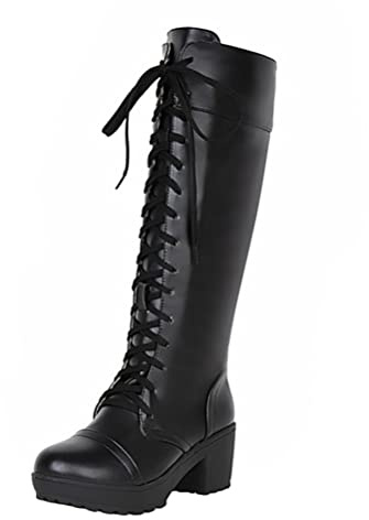 Minetom Bottes Femme PU Cuir Bottes À Lacets Gothiques Punks Boots Automne Hiver Talon Bloc Plateforme Bottes Hautes Chaussure B Noir 37 EU