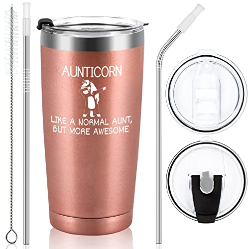 Livole Regalo di Compleanno o Natale per Zia da Nipote - Bicchiere da Vino Senza Stelo 590 ml, Doppia Parete, Isolamento Sottovuoto Con Cannuccia