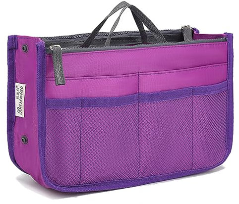 YUEMING Organisateur de Sacs à Main, Femmes Sac de Rangement Intérieur Bag avec 13 Poches Grand Extensible Bourse avec Fermeture Eclair et Poignée pour Documents Téléphone Cosmétiques et Clés,Violet