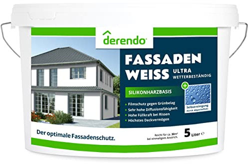 derendo Silikonharz Fassadenfarbe weiß mit ULTRA Wetterschutz, 5l, Selbstreinigungeffekt durch Abperleffekt wie beim Lotus Blatt Schutz vor Verunreinigungen weiss matt