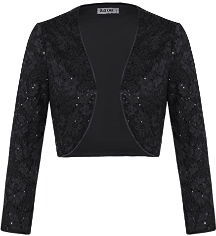 GRACE KARIN Damen Funkelnder Pailletten Bolero Disco Langarm Elegantes Beschnittenes Shrug Schwarz S