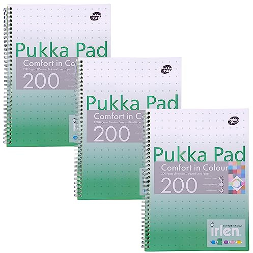Pukka Pad, Irlen Jotta Pad A4 Notizbuch 3er-Pack - Spiralbindung Notizblock mit 200 Seiten 80GSM farbigem liniert Papier - entwickelt für visuelle Wahrnehmungsschwierigkeiten - 29.7 x 23cm, grün