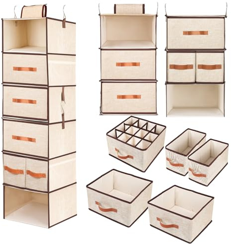 BinWhiz 112 x 32 x32 cm Hanging Shelf Organizer, 6-Tier Fabric Shelves Clothes Bins with Drawers and Hooks for Closet Wardrobe Organization and Storage, Beige