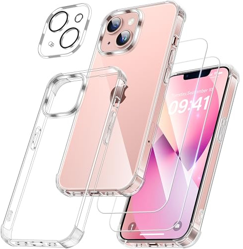FLLAO 4 en 1 Coque pour iPhone 13 avec 2 Verre Trempé et 1 Caméra Protecteur, [Coussin d'air Intégré] Antichoc Antirayures Bumper Protection Housse pour iPhone 13 6.1, Transparent
