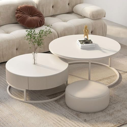 HUHJYUGE Couchtisch Weiß Klein, Couchtisch 2er Set Rund, Wohnzimmertisch Modern mit Stauraum, Beistelltisch Set mit Metallgestell für Wohnzimmer Balkon Büro (B 50+70cm)