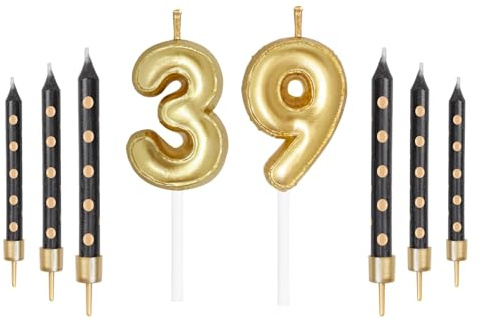 Juego de Velas de Números Dorados con Puntos Negros, Velas de Feliz 39º Cumpleaños para Tarta, Velas de Fiesta, Adorno de Velas de Tarta de Cumpleaños para Niñas Niños Mujeres Hombres Decoraciones de