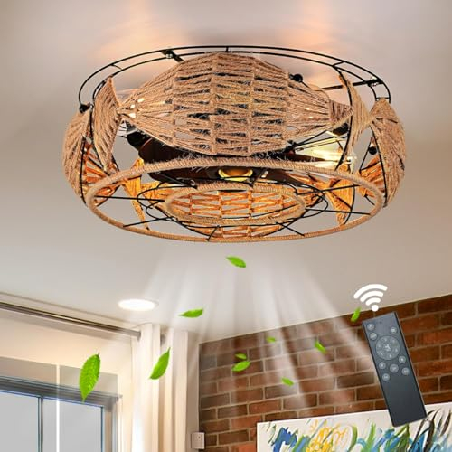 E27 Retrò Fan Plafoniera Vintage Ventilatore da soffitto Silenzioso con Luce e Telecomando Lampadario Bambù E Rattan Intrecciato Lampada a soffitto per Camera da letto Soggiorno Cucina Illuminazione