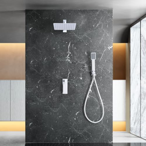IMEX - Ducha Empotrada Monomando Blanca | Kit de Grifería Empotrado con Alcachofa y Rociador Antical Efecto Lluvia | Columna Ducha Empotrada en Latón y Acero Inox S.304 | Serie Fiyi