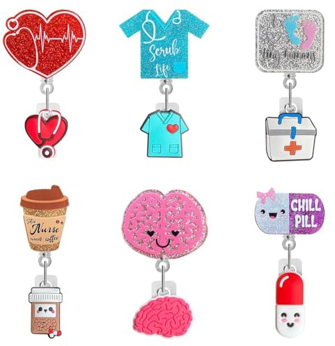 Vkyipg Cute Nurse Badge Reel, 6pcs Funny Nursing ID Card Glitter Badge Holder Retractable Clip Nurse Name Tag Holder