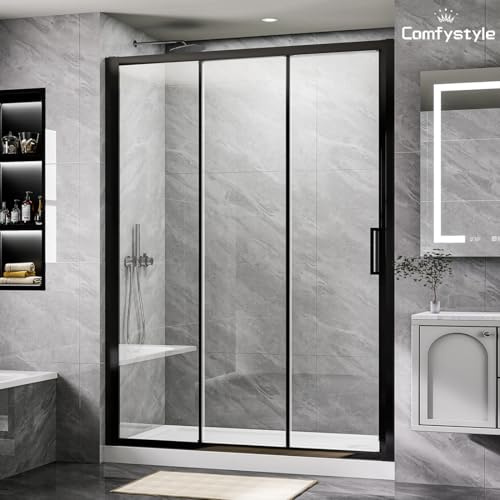 ComfyStyle 56-60 W x70 H Triple Sliding Shower Door with Large 32 1/8 Walk-in Opening, Glass Shower Doors with 1/4 (6mm) Clear SGCC Tempered Glass, Matte Black Finish, Reversible Installation