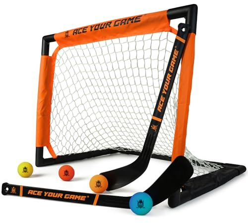 ACE Hockey - Shinny Hockey-Set - Komplettes 2-Spieler-Indoor/Outdoor-Kit - Kniehockey-Tor-Set (1) Tor, (2) Mini-Stöcke und (4) Schaumstoffbälle - Mini-Hockey-Set