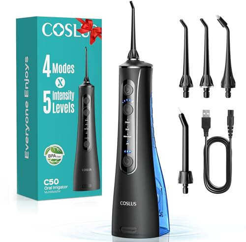 COSLUS Water Flosser for Teeth Cordless: 4 Modes & 20 Levels - Portable Irrigador Dental for Health - Conscious Sensitive Users Gums - Travel Home Use with 4 Jet Tips