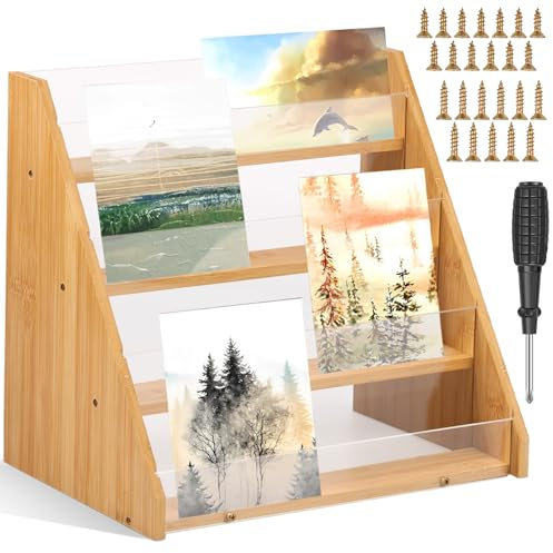 Alongen 4 Tier Card Display Stand, Greeting Card Display Rack Multifunctional Bamboo and Acrylic Stand for Postcard Brochure Photos