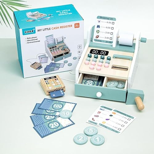 My Little Cash Register – Kinder Spielzeugkasse aus Holz mit Rechenfunktion, Display-Aufdruck, Spielgeld und Einkaufsliste – Rollenspiel ab 36 Monaten