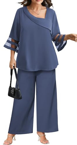 AOVDE Plus Size Pant Suits 2 Piece Casual Dressy Pantsuits Mesh Panel Bell Sleeve Outfits for Women Evening Dinner Party