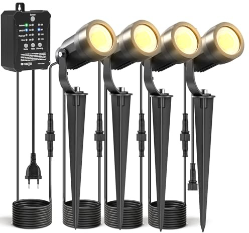 HIBOITEC 5W Dimmbar Gartenbeleuchtung 4er Set, Dämmerungssensor & Timer, 250LM 2700K Warmweiß Gartenstrahler mit 40W Transformator, IP65 Wasserdicht Gartenlampen für Draußen, Bäume