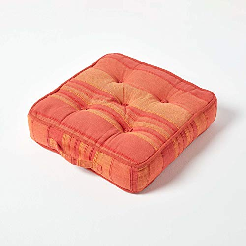 HOMESCAPES Morocco Striped 100% Cotton Floor Cushion Orange Terracotta 40 x 40 x 8 cm Square Indoor Garden Dining Chair Booster Seat Pad Cushion