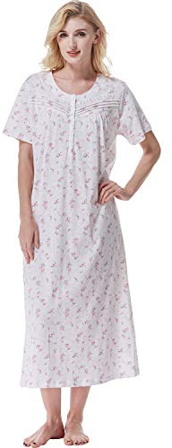 Keyocean Camisón Mujer Algodón Camisones Largos de Manga Corta Ropa de Dormir Verano Ligero y Suave con Abertura de Botones, Floral Rosa, L