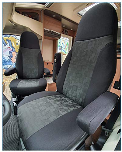 Maß Sitzbezüge Schonbezüge Pilotsitze Fahrer & Beifahrer Set kompatibel mit Wohnmobil FIAT Ducato 821 Schwarz