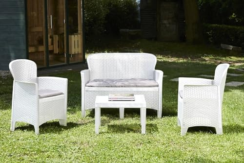 Dmora - Set salotto da esterno Ostuni, Set da giardino con 2 poltrone, 1 divano ed 1 tavolino, Salottino effetto rattan con cuscini, 100% Made in Italy, Bianco