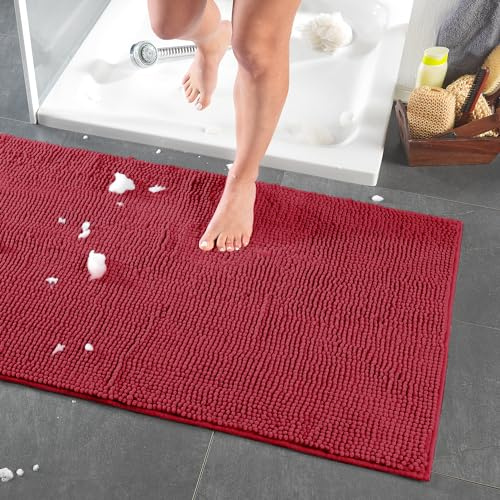 DreamHome hochwertige große Badematte 65x110 rutschfest Badezimmerteppich Badvorleger schnell trocknender pflegeleichter Duschvorleger, Farbe:Weinrot
