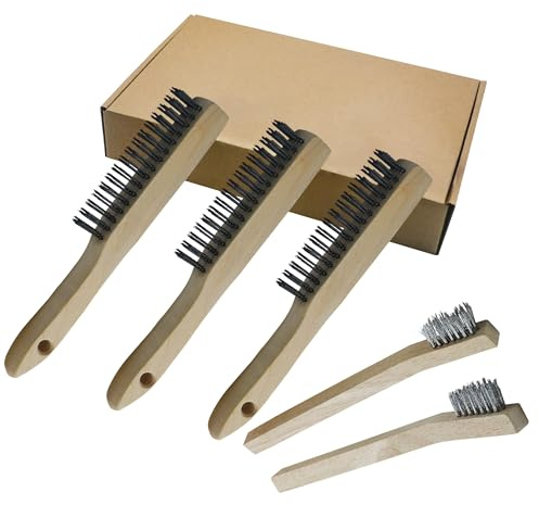 NICAVKIT 5-delars handtrådborstset, trådborstar med trähandtag, 3 x stora stålborstar 250 mm, 2 x liten borste i rostfritt stål 205 mm, metallborste, handtrådborstset för metall, trä, grill