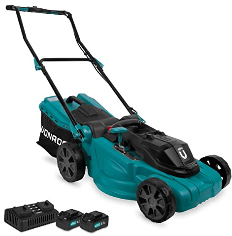 VONROC 40V Batteridriven Gräsklippare 38 cm med 2x 4,0Ah Batterier och Dubbel Snabbladdare – För Medelstora Gräsmattor, Justerbar Klipphöjd, 45L Uppsamling