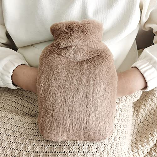 Wärmflasche mit Flauschige Bezug - Kuschelweichem Wärmeflasche mit Handwärmer, Bettflasche für Frauen Männer Kinder Warmflasche mit Bezug Zur Schmerzlinderung,Kaffee2,2L