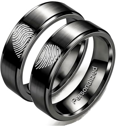 Ihanskio Personalizzato Anello Per Le Coppie Onda Della Banda Modello Anelli All'Interno Può Inciso Di Nozze Promessa Anelli Di Fidanzamento (Schwarz-fingerprint-8mm/6mm,Custom)