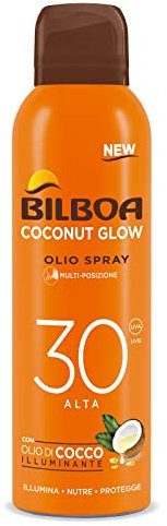 Bilboa, BOV Solare Coconut Glow SPF 30, Crema Solare Spray con Olio di Cocco e Vitamina E, Leggera sulla Pelle, Protezione Solare Resistente all'Acqua, 150 ml