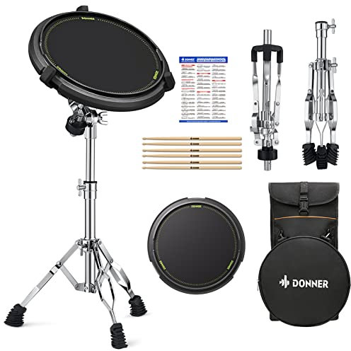 Donner Drum-Übungs-Pad-Ständer-Set, Snare-Drum-Ständer mit 12'' Silent Drum Pad, Drumsticks, Rucksack, verstellbarer Ständer, passend für Trommeln mit 10''-14'' Durchmesser (schwarz)