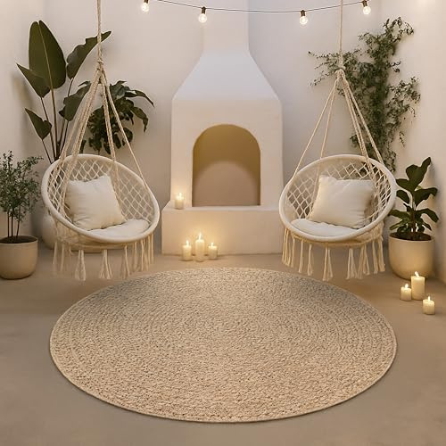 the carpet Kansas – Tapis intérieur Confortable et élégant pour Salon, Chambre ou Couloir, Doux et Chaleureux, Facile à Nettoyer, Style Jute Naturel, également adapté pour l’extérieur, 120 cm Rond