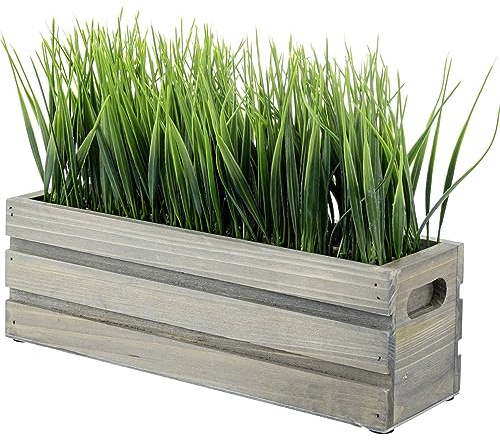 MyGift 12 Inch Artificial Green Grass Plant in Vintage Gray Brown Solid Wood Planter Box, Faux Greenery in Decorative Rectangular Crate Style Container