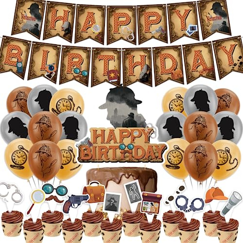 Detective Party Supplies - Happy Birthday Banner, Cupcake Topper, Cake Topper, Luftballons für 1920er Jahre Detektivparty