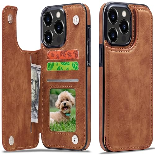 Sibada Multi-Funktionen Retro Leder Magnetic Kartenhalter Handyhülle für iPhone 15 Pro Max Klappbar mit Card Slot Snap RFID Kartenhalter Ständer Schutzhülle Kartenhüllen - Braun