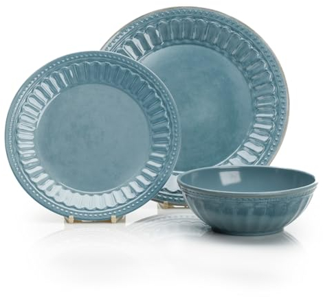 FLAMEFIELD Set da tavola vintage blu in melamina, 12 pezzi, elegante stile Riviera, perfetto per catturare l'essenza dell'eleganza francese all'interno e all'esterno, ogni pasto è una squisita