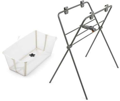 Bañera Flexi Bath de Stokke (Sandy Beige) + Soporte para Bañera Flexi Bath - Bañera para bebés de hasta 10 kg - Plegable, duradera y fácil de guardar - Cómoda de usar en casa o de viaje