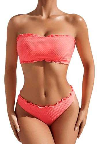 GORGLITTER Bikini para mujer, sin tirantes, con dobladillo ondulado, juego de dos piezas, traje de baño, Coral Orange, L