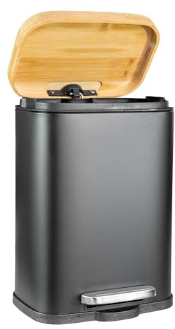 Solly´s 5L Kosmetikeimer mit Bambus Deckel, Bad Treteimer mit Absenkautomatik, pulverbeschichtet, rutschfestet, Schwarz | Mülleimer, herausnehmbarer Inneneimer, Bambusdeckel, Absenkautomatik, Saugnapf, mattes Resin, fingerabdruckfrei, 21x15,5x30cm